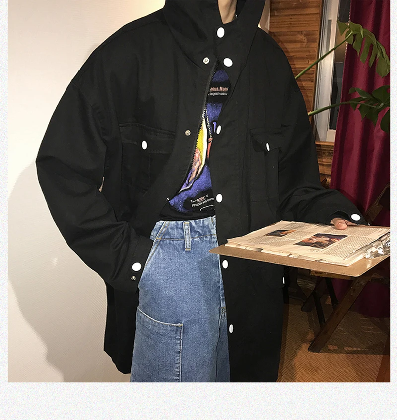 Mens Long Hooded Trench Coat Casual Spring Windbreaker Coat Men Korean Overcoat Hip Hop   (8)
