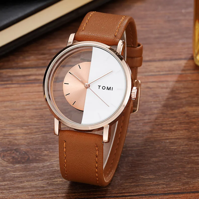 Unique Watch Creative Half Transparent Unisex Watch For Men Women Couple Geek Stylish Leather Wristwatch Fashion Quartz-watch