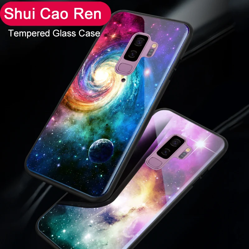 

Luxury Cosmic starry case For Samsung Galaxy S8 S9 Plus Tempered Glass Back Cover For Samsung Galaxy Note 8 Soft Edge case