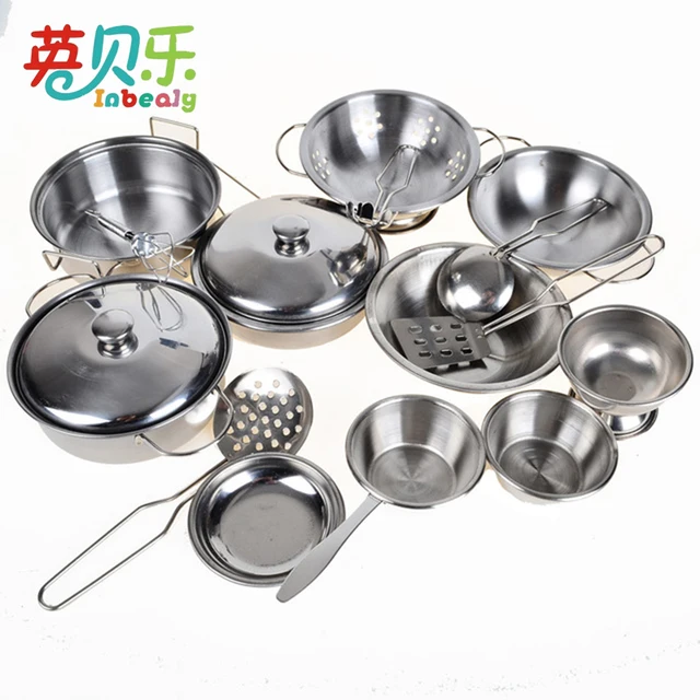 16pcs Pretend Play Stainless Steel Kitchen Pots Pans Cookware Kits 16pcs Pretend Play Stainless Steel Kitchen Pots Pans Cookware Kits Food Toys Educational Role Toy