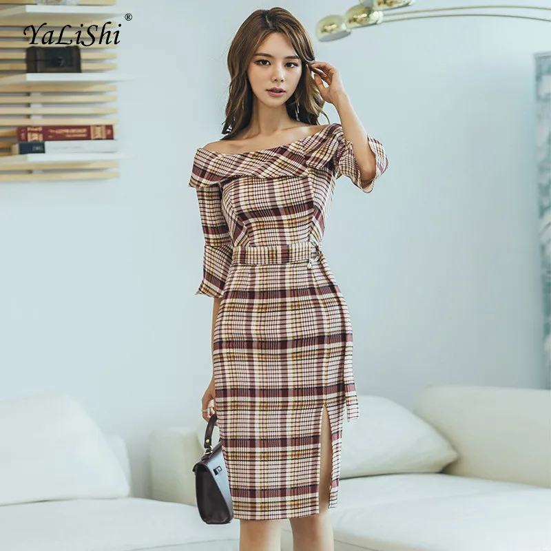 

2019 Plus Size Pencil Dress Autumn Women Plaid Slash Neck Flare Sleeve Knee-length Vintage Party Dress Casual Vestidos Dresses