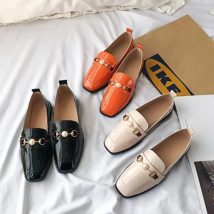 

New Square Head Leather Shoes In Spring British Lacquered Women's Shoes