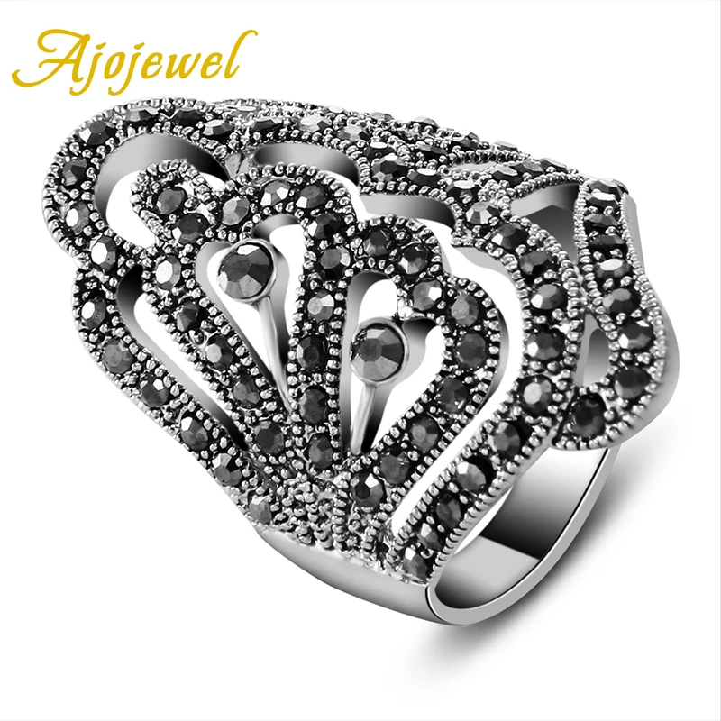 Ajojewel #7-9 Quality Big Black Stones Hollow Flower Design Fashion Luxury Women Ring Vintage