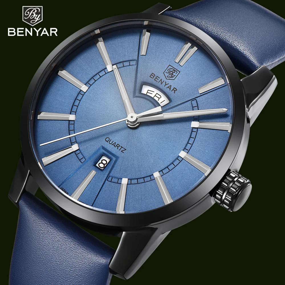 

Benyar Top Brand Luxury Watch Men relogio masculino Quartz Clock Fashion Blue Genuine Leather Men's Watch Business Wristwatches