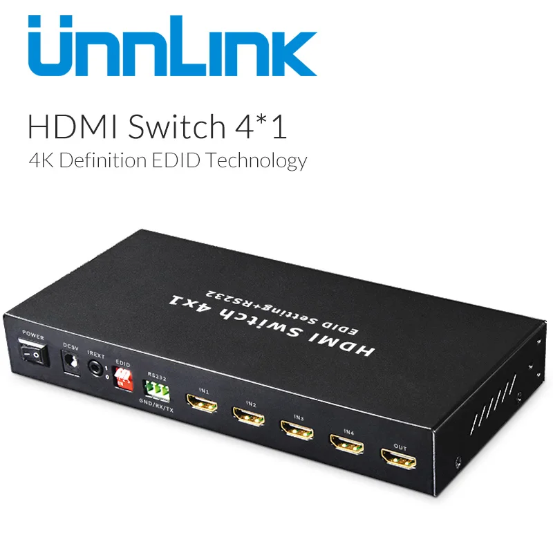Unnlink HDMI Switch 4X1 UHD 4K@30Hz FHD 1080P@60Hz EDID R232 IR Remote for computer smart tv box projector monitor ps4 xbox360