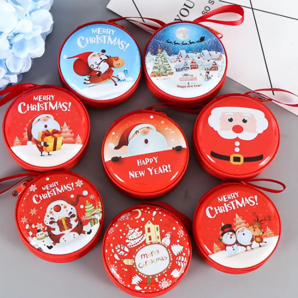 Округлые кошелек для наушников и монет, маленький кошелек из белой жести с красными рождественскими элементами, кошелек для монет с короткими ремешками для детей и дам, отправка цветов случайным образом