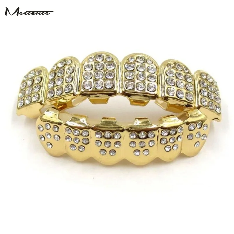 

Meetcute Hip Hop Custom Fit Gold Teeth Hollow Open Face Gold Mouth Caps Top & Bottom Grill Set Party Decoration Gift