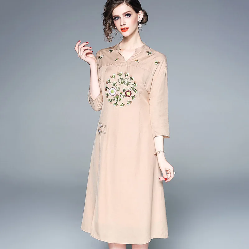 

2019 spring and summer high-end brand silk fabric stitching women's clothes fashion embroidery slim slimming dress women