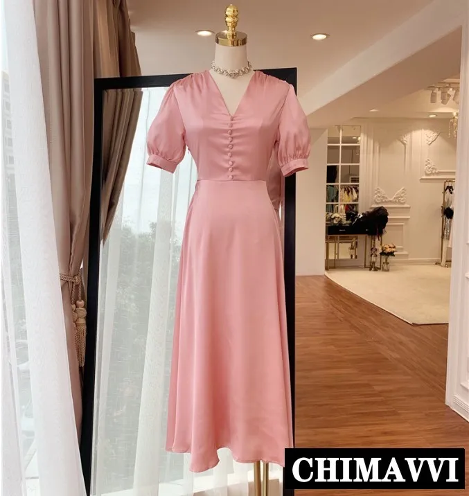 

2019 Summer New Women's Solid Color Satin Chiffon Dress Ins V-Collar Slim Short Sleeve Slim Medium Long Dresses