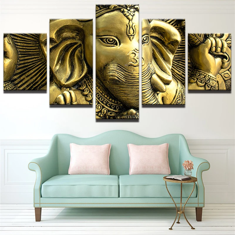 Canvas-Wall-Art-Pictures-Home-Decor-Living-Room-HD-Printed-5-Piece-India-Elephant-Head-God