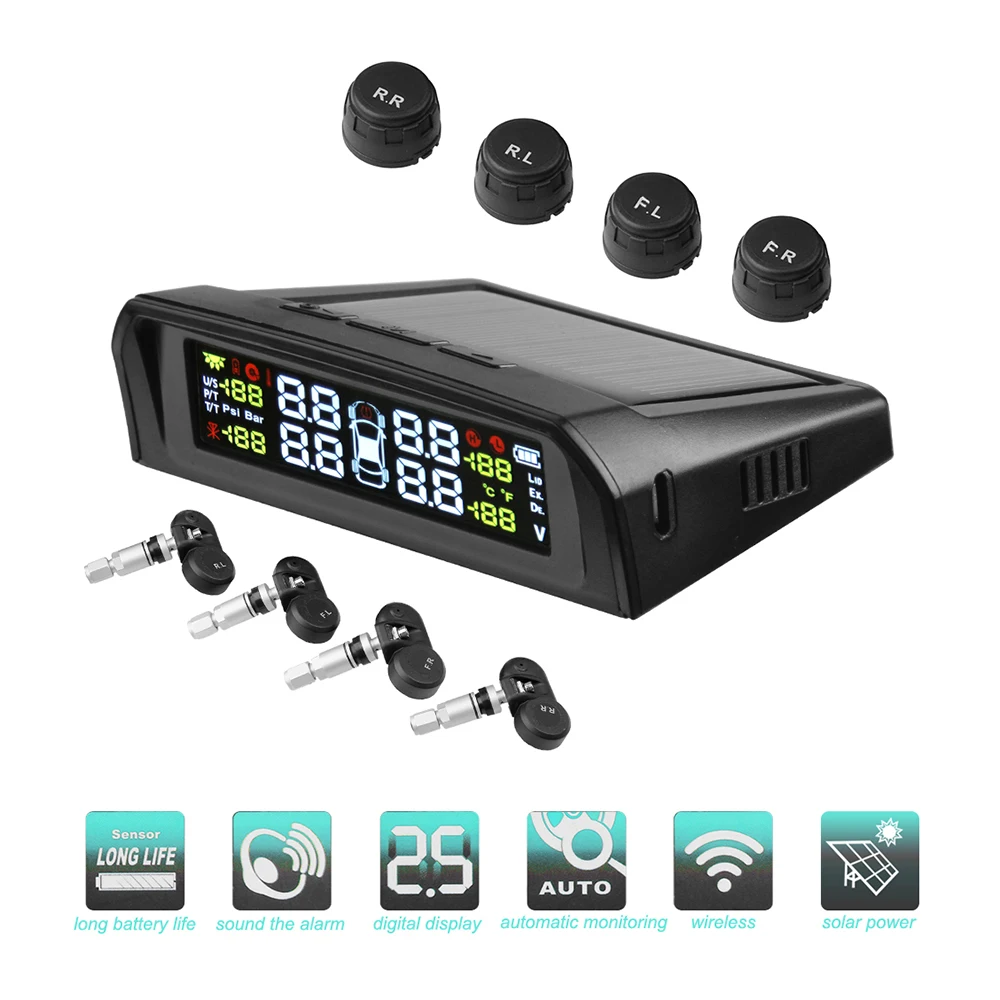 Solar TPMS Car Tire Pressure Alarm Monitor System LCD Display 4 Internal / External Sensor Temperature Warning Auto Alarm System