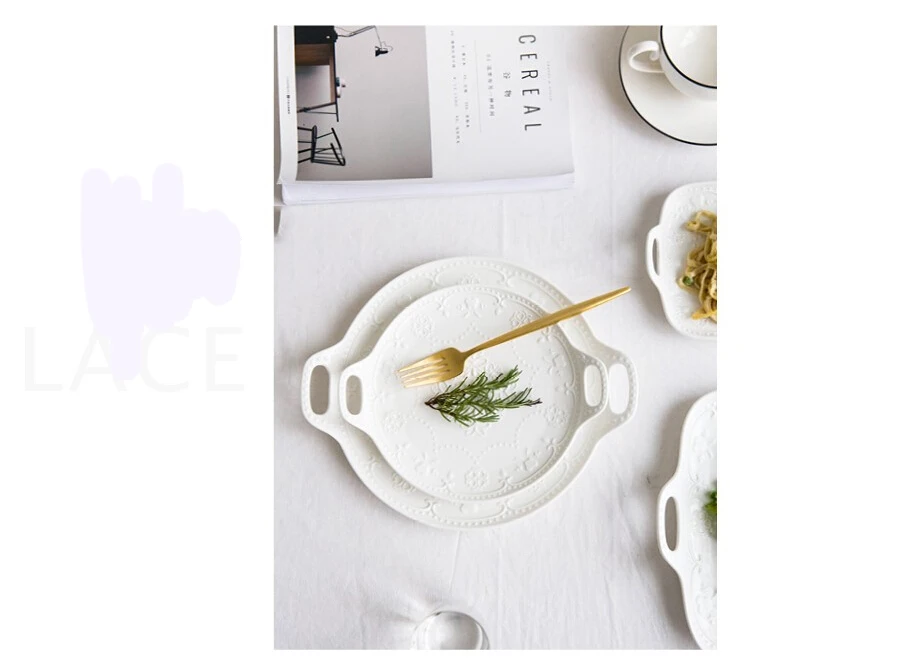 1 шт., европейский стиль, тисненая керамическая тарелка с ручками, кружевной поднос, тарелка для салата, тарелка для фруктового торта, чистый белый фарфор, тарелка для стейка