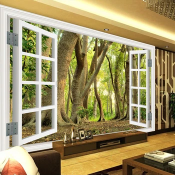 

Custom Wall Mural Large Wall Painting Wallpaper 3D Window Green Forest Scenery Backdrop Wall Decorations Wallpaper Living Room