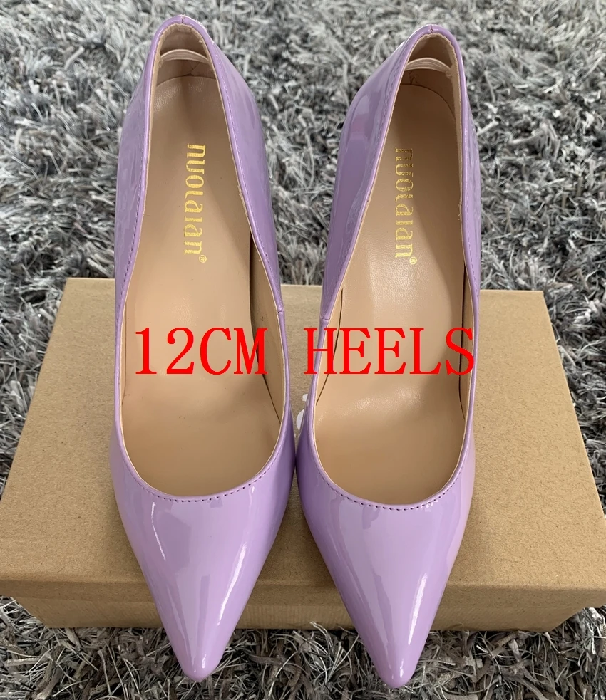 Брендовая модная женская обувь пикантные женские туфли-лодочки из лакированной кожи на высоком каблуке 12 см/10 см/8 см с острым носком - Цвет: QQPAL purple12cm