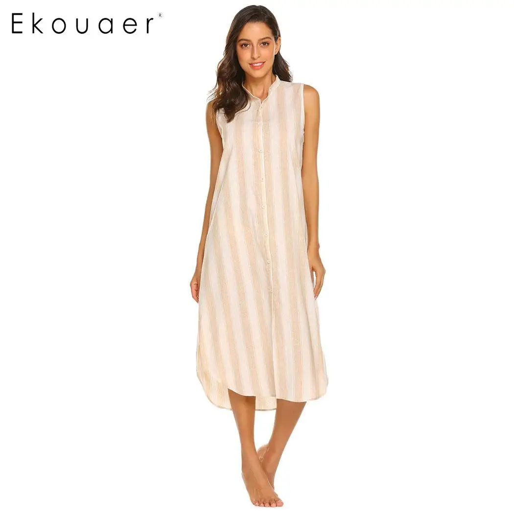

Ekouaer Cotton Nightgown Sleepshirts Women Striped Nightdress Sleepwear Front Button V Neck Sleeveless Nightwear Casual Nightie