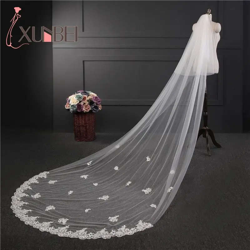 

Long Wedding Veils 3 Meters Bridal Veils With Comb Two-layer Ivory White Appliqued Edge Bride Veils Wedding Accessories