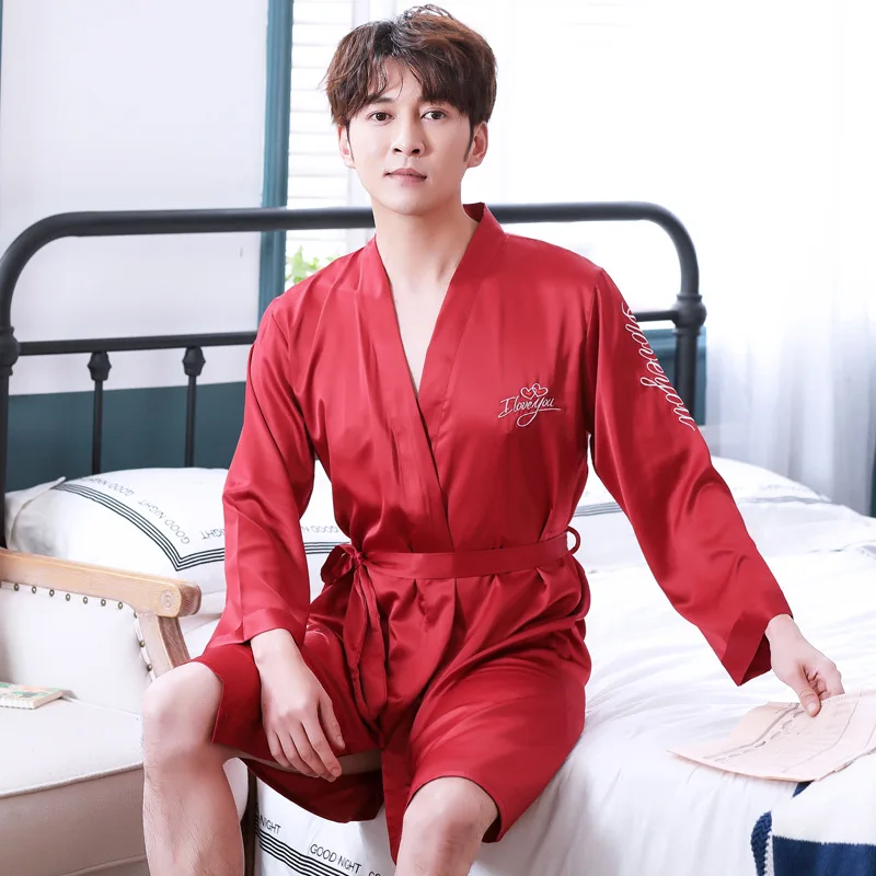 

3XL Spring New Sleeve Male Robe Letter Casual Home Dressing Gown Summer Sleepwear Rayon Satin Men Kimono Bathrobe Nightgown