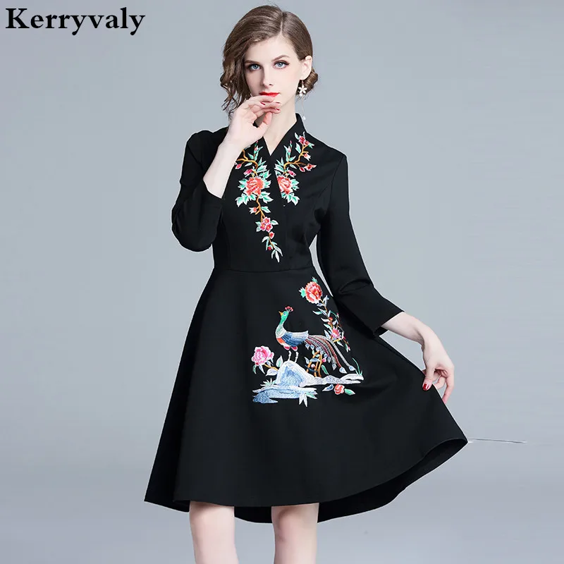 

Women Vintage Floral Embroidery Dress Robe Femme Hiver 2019 Ukraine Autumn Black Midi Party Dress Kleider Damen K9122