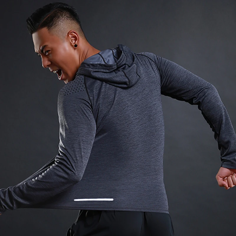 Running T shirt Men Long Sleeve Hooded Rashgard Thin Gym Shirts Fitness Training T-shirt Quick Dry Breathable Sports Clothing