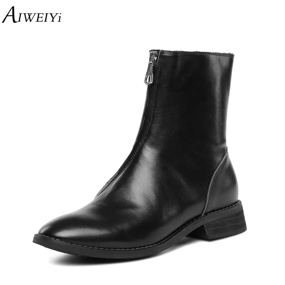 

AIWEIYi Women Winter Ankle Boots Western Style Thick Heel Low Heels Platform Shoes Black Red Ladies Martin Boots Shoes Woman