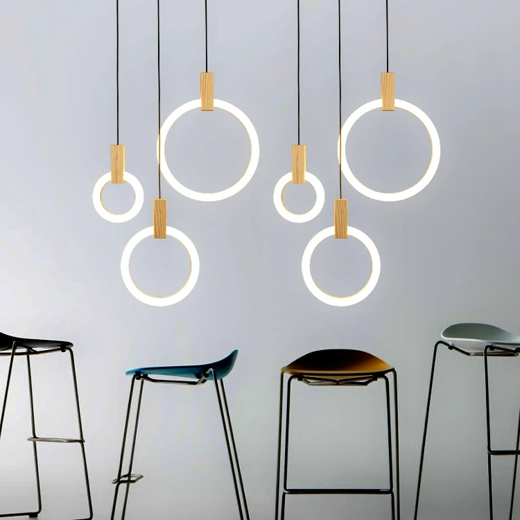 Lustres de Madeira Iluminação da Escada Moderno Nordic Sala Estar Suspenso Lâmpada Quarto Luminárias Anel Luzes Penduradas Led