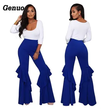 

2020 Fashion Ladies Ruffles Flare Pants Women High Waist Long Pants Femme Elastic Waist Wide Bottomes Casual Pleated Trousers