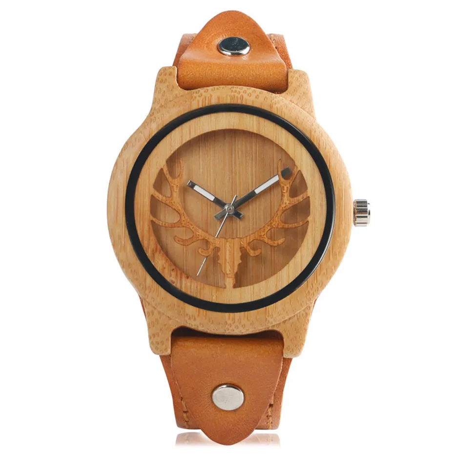 2018 Men's Deer Head Elk Hollow Out Bamboo Wood Casual Watch With Genuine Leather Strap Fashion Casual Wooden Quartz Watches (4)