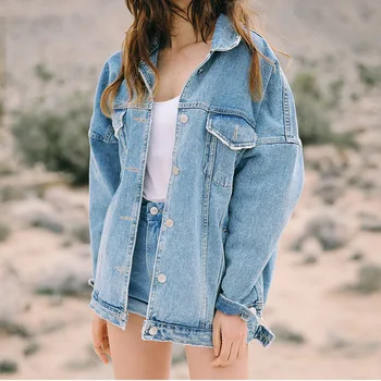 

Autumn 2017 Jean Jacket Women Fashion Pocket Long Sleeve Coat Female Cloak Type Slim Solid Cotton Denim Jackets Outerwear