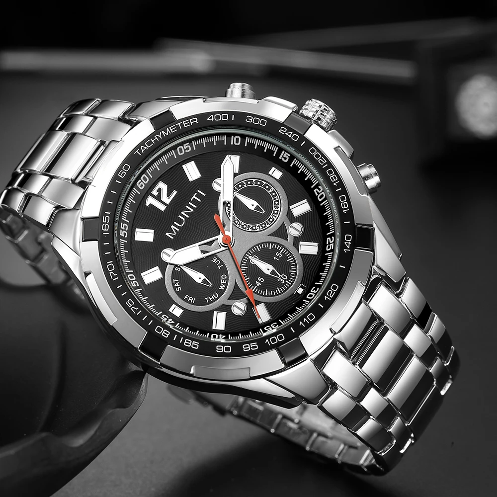 MUNITI Mens Watches Top Brand Luxury Quartz Watch Waterproof Stainless