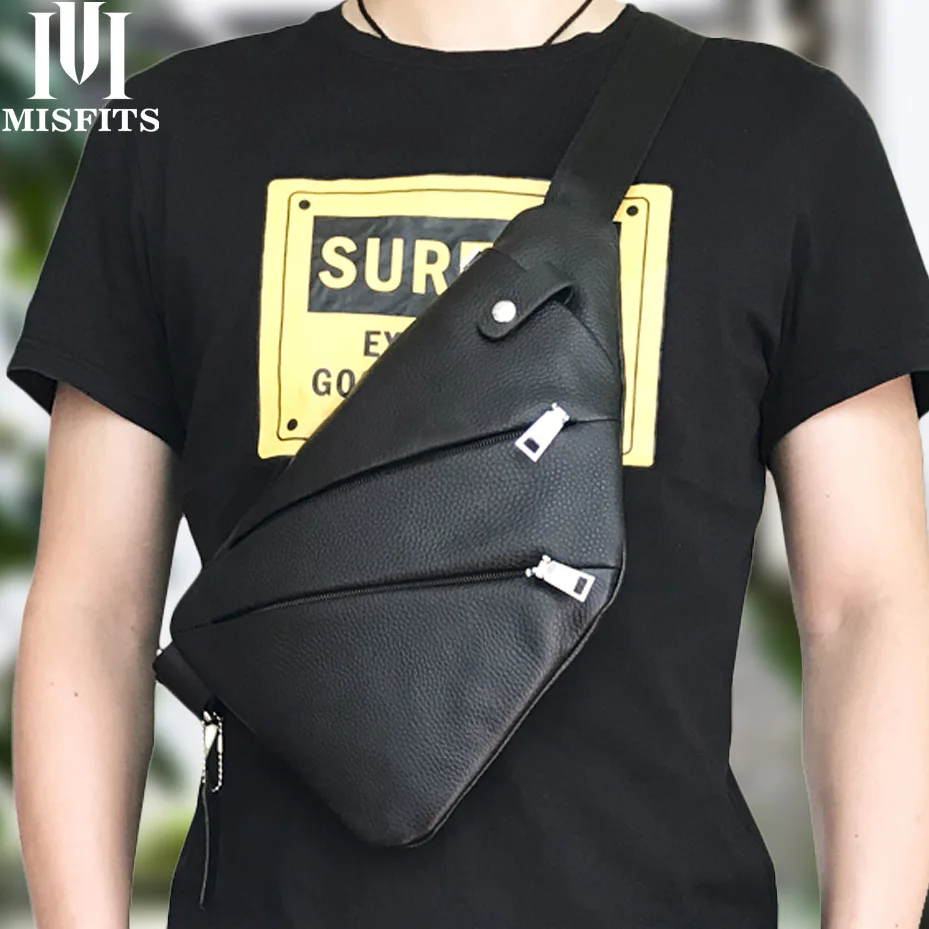 

MISFITS 100% Genuine Leather Men Messenger Bags Casual Chest Bag Anti Theft Crossbody Bag For Male Motorcycle Sling Shoulder Bag
