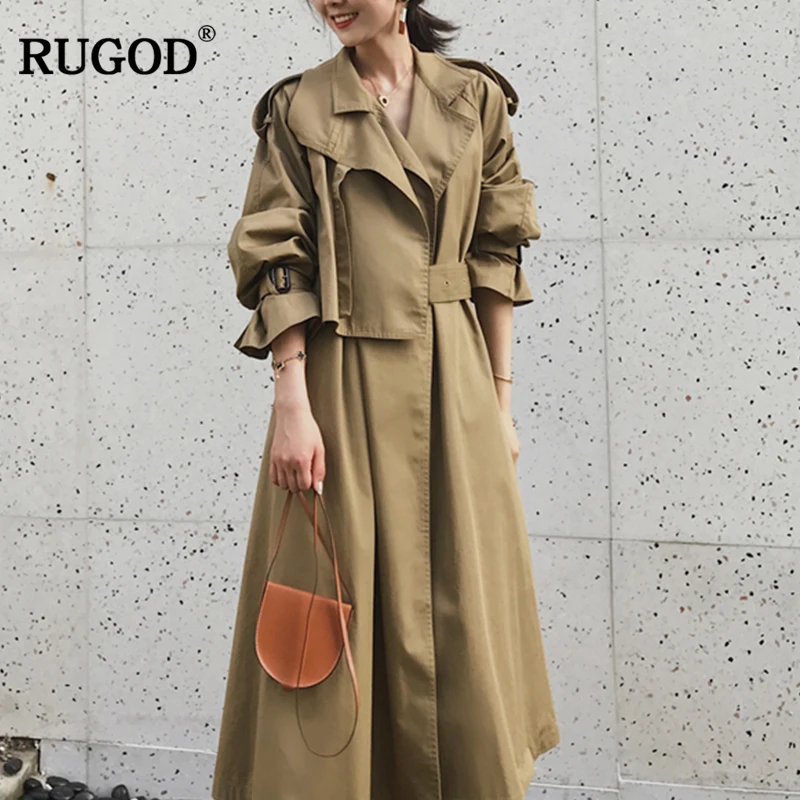 

RUGOD 2019 Vintage Fashion Female X-Long Style Coat Turn-down Collar Solid Adjustable Waist Wide-waisted Trench Coat For Women