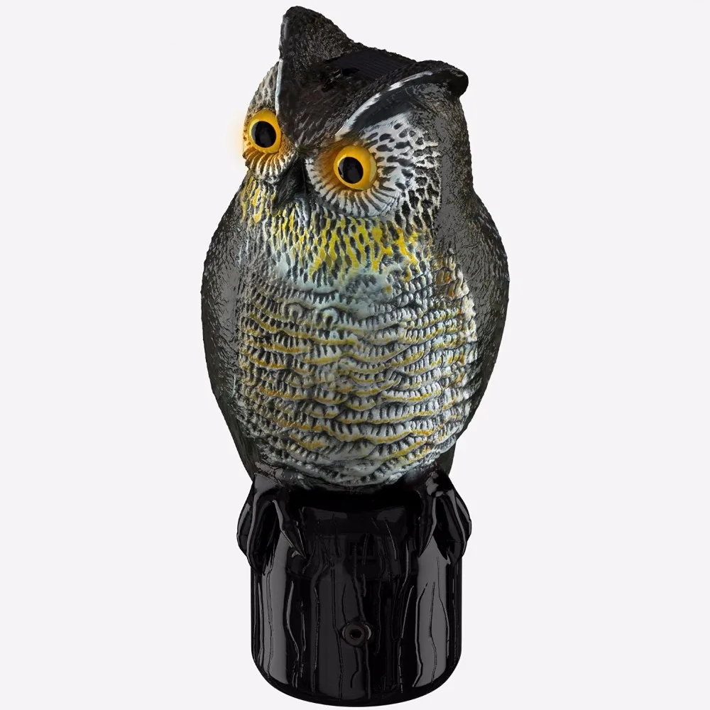 Realistic Owl Scarecrow with Flashing Eyes and Frightening Sound - Solar Powered and Motion Activated -Frightens Birds and Pest Realistic Owl Scarecrow with Flashing Eyes and Frightening Sound - Solar Powered and Motion Activated -Frightens Birds and Pest