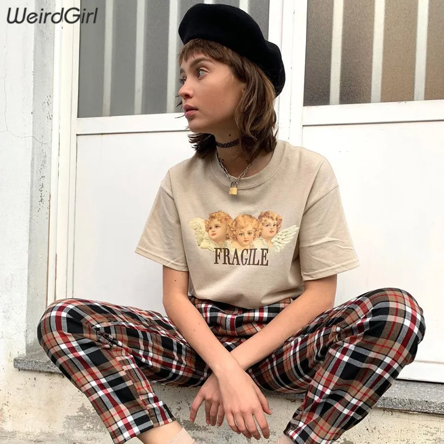 Weirdgirl Women Baby Angel Printing Casual Fashion T-shirts letter Short Sleeve O-Neck Khaki Loose