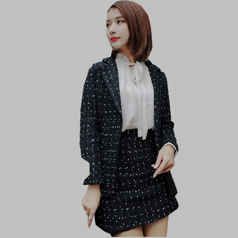 

HAMALIEL Runway Spring Winter 2 Piece Set Women Black Print Dot Tweed Long Sleeve Outerwear Suits + Mini Pencil Skirt Sets