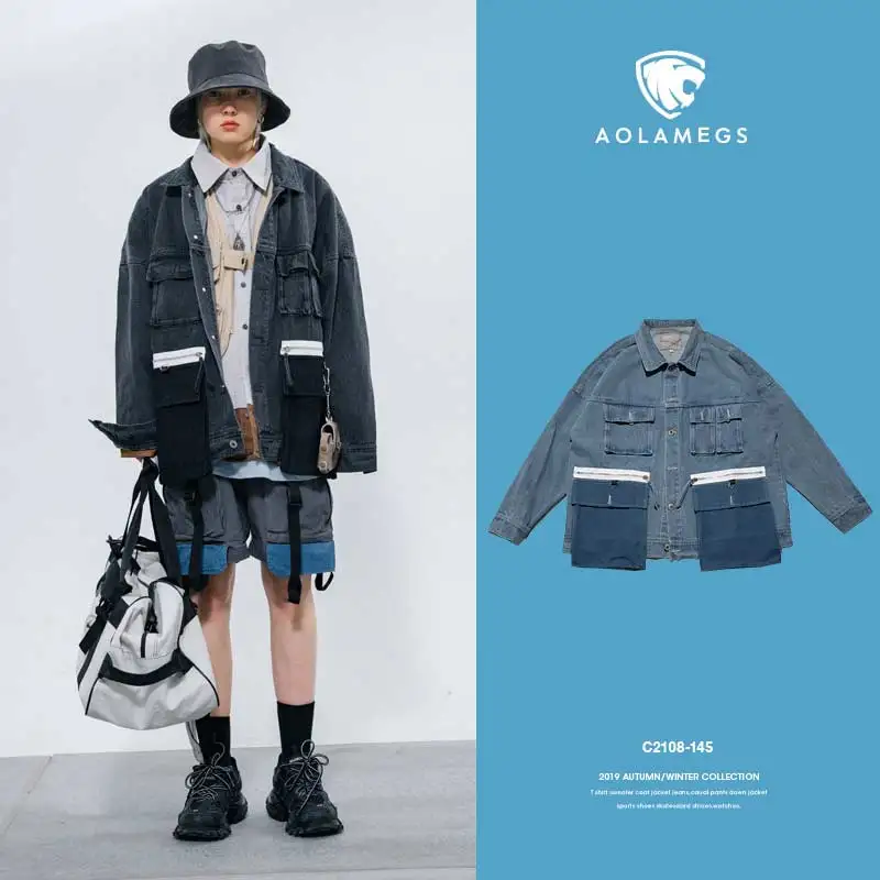 

Aolamegs Men Denim Jacket Harajuku Multi-Pocket Mens Jeans Jacket Advanced Patchwork High Street Style Cowboy Coat Autumn