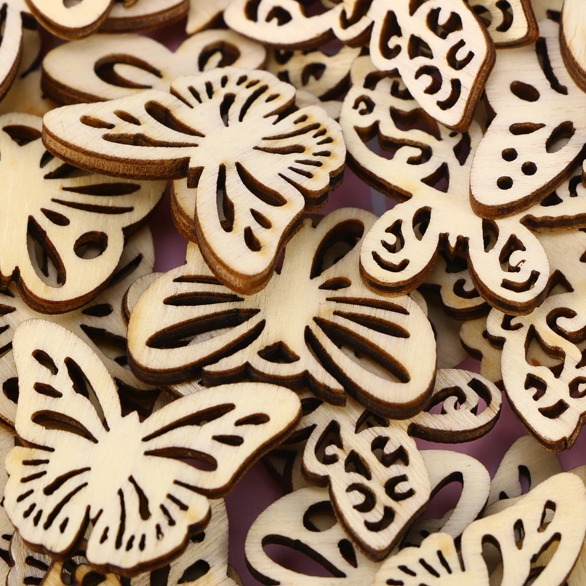 50pcs DIY Hollow Wooden Ornaments Butterflies Cutouts Craft Embellishments Wood Ornament for DIY Art Wedding Decoration