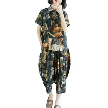 

Summer New Casual Suit Plus size Women Cotton linen Bat sleeve Low pants 2 piece Suits Womens Retro print fashion Sets Tide F010