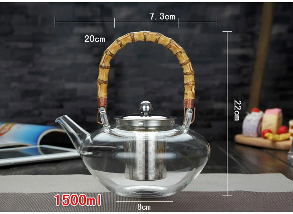 1500 мл высокий боросиликатный стеклянный чайник со съемным ситечком и крышкой из нержавеющей стали, безопасные чайные горшки для микроволновой печи
