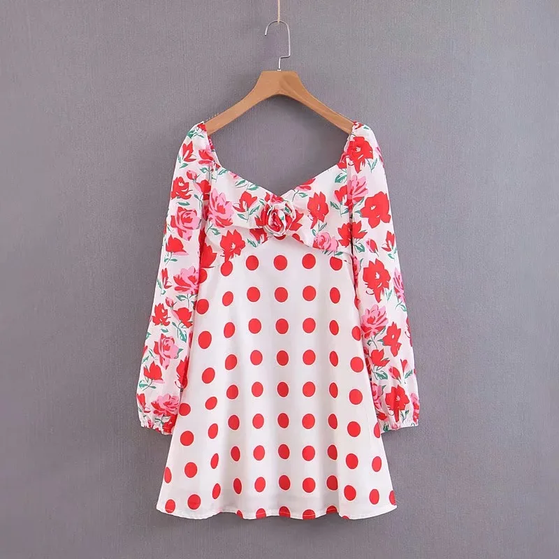 

LTD1199100 New 2019 Flower Print Polka Dot Patchwork Zipper Rose High Waist Square Collar Knee Dresses Women Vestidos