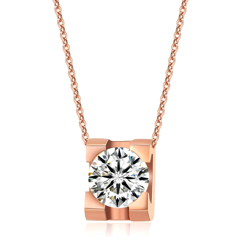 

18KGP Rose Titanium Steel Square CZ Zircon Pendant Necklace Women's Fashion Brand Jewelry Free Shipping (GN041)