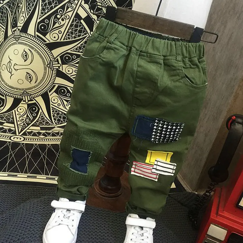 Baby Boys Pants Casual Sport Army Green Pants Children Fashion Pathwork Long Trousers Baby Boys Cargo Trousers Kids Pants 2-7Y