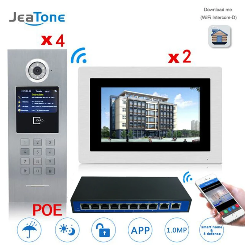 7'' Touch Screen WIFI IP Video Door Phone Intercom +POE Switch 2 Floors Building Access Control System Support Password/IC Card