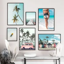 Ônibus praia menina palmeira árvore, paisagem, arte de parede, pintura em tela nórdica, posteres e impressões, imagens de parede para sala de estar decoração