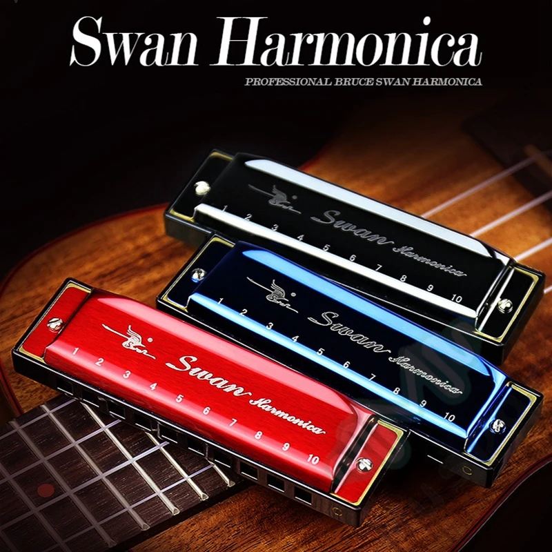 SWAN Harmonica 10 Hole Key of C Diatonic Blues Harp Red/Black/Bluein