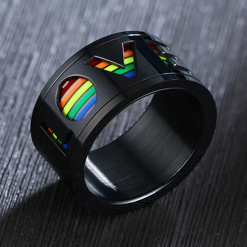 Mens Spinner LOVE Ring With Enamel Rainbow Inlay Stainless Steel Gays Lesbians LGBT Pride Flag Band Engagement Jewelry