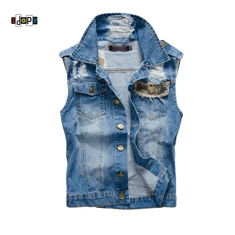 

Idopy New Stylish Cool Men`s Denim Vest Plus Size 5XL Vintage Ripped Distressed Waistcoat Camo Sleeveless Jeans Jacket For Men