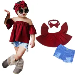 В европейском и американском стиле Мода Детская одежда Ins Мода для девочек цвет красного вина топ + рваные джинсы + повязка на голову Детские