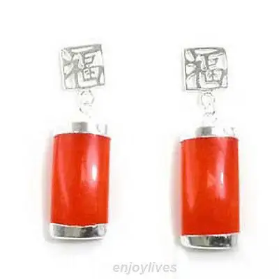 

Free shipping Red Jade White Gold Plated Fortune Luck Dangle Earrings