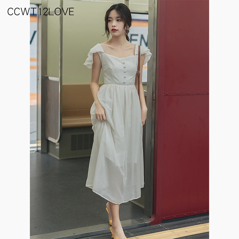 

French Style Off White Summer Dress Women 2019 Slash Neck Ruffles A Line Dress Midi Vintage High Waist Chiffon Dress Long