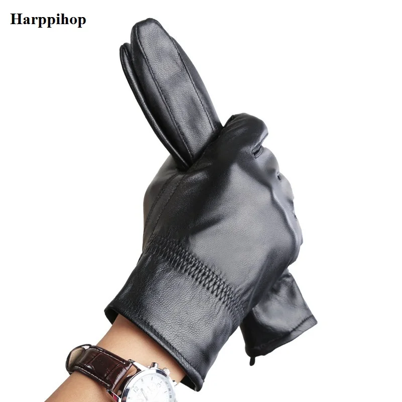 Harppihop мужские перчатки из натуральной кожи, настоящая овчина, черные перчатки без сенсорного экрана, модные брендовые зимние теплые варежки, новинка, G1005